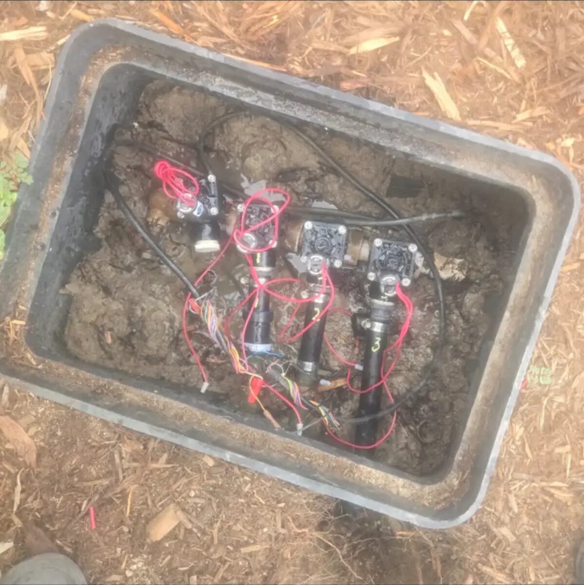 Four-zone manifold rebuilt in a new box with clean valve spacing and labeled wiring.